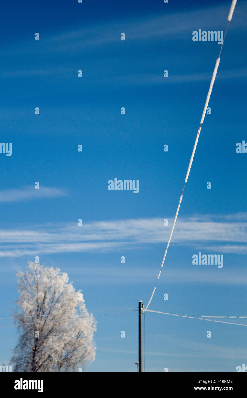Coperte di neve linea telefonica contro un cielo blu, Svezia. Foto Stock