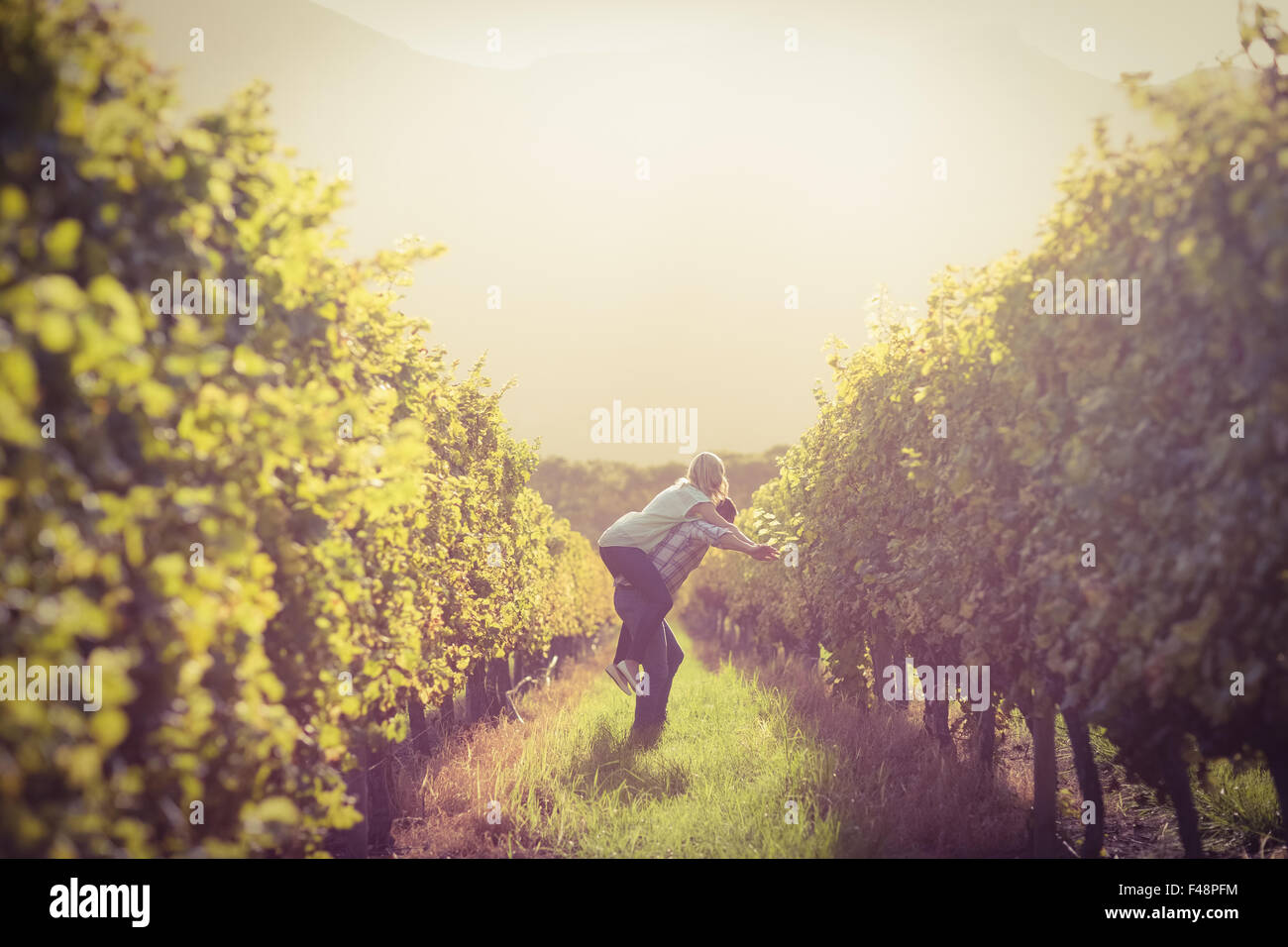 Uomo di dare la sua donna un piggyback tra grapevine Foto Stock