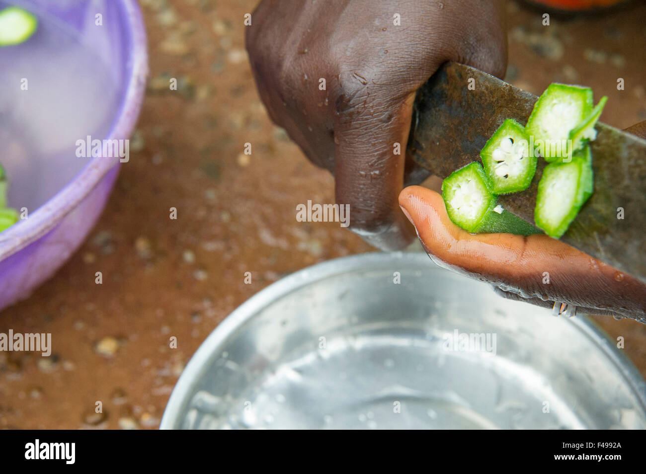 Agosto 31, 2015 - Nasarawa/Eggon Governo locale, Nasarawa, Nigeria - Agosto 31, 2015, Nasarawa Eggon, Nigeria - Una donna locale prepara verdi ha raccolto da un piccolo orto nel villaggio di Alogani centrale nel Nasaawa Eggon l'area del governo locale della Nigeria. La donna, un operatore sanitario ai bambini vulnerabili imparato alcuni nutrizionali di base attraverso lezioni di Catholic Relief Services' agenzia partner Centro per Donne, gioventù e azione comunitaria (NACWYCA) come parte del programma di sorriso - corto per meccanismi sostenibili per il miglioramento delle condizioni di vita e per la famiglia di empowerment. (Credito Immagine: © Foto Stock