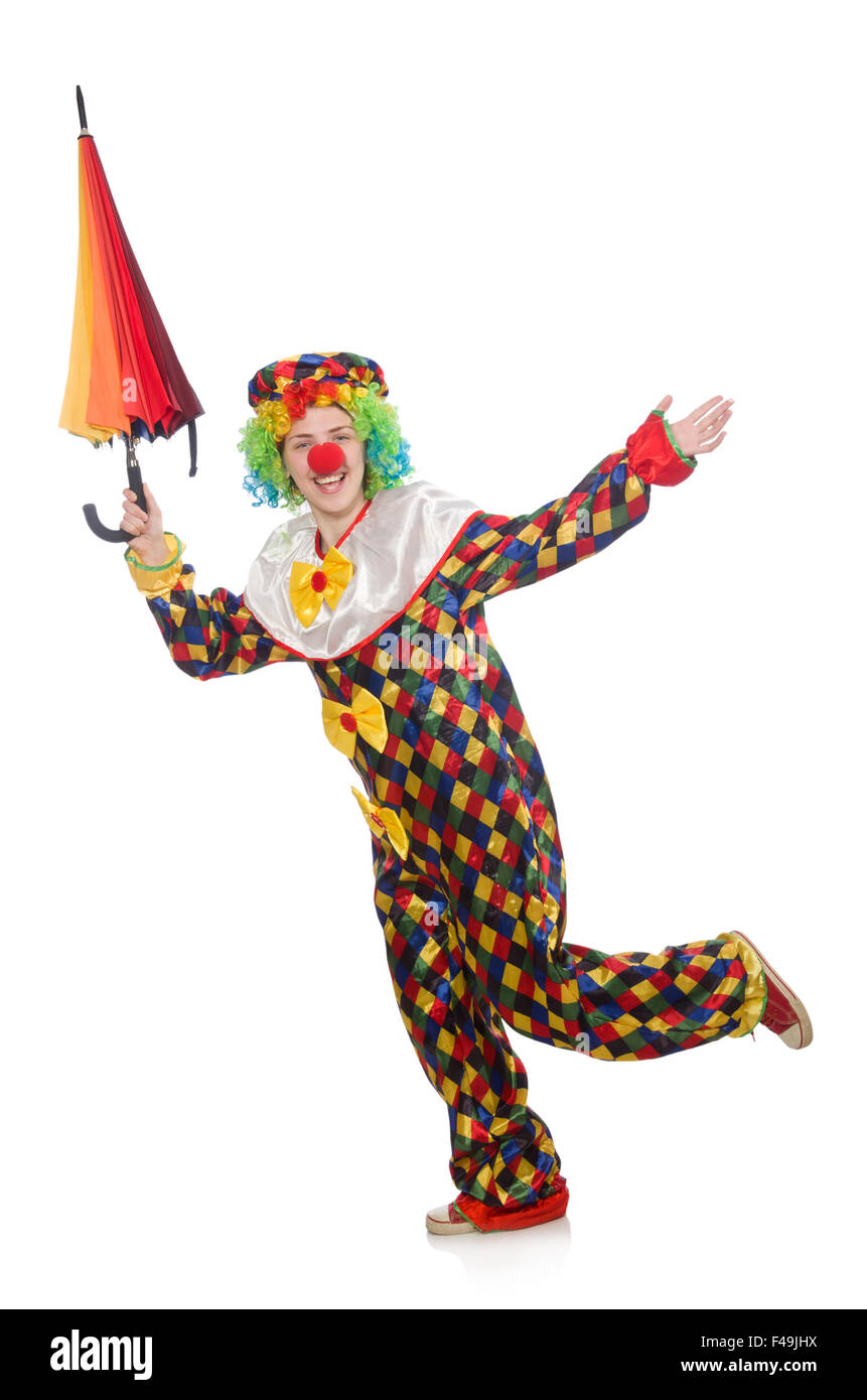 Clown con ombrellone isolato su bianco Foto Stock
