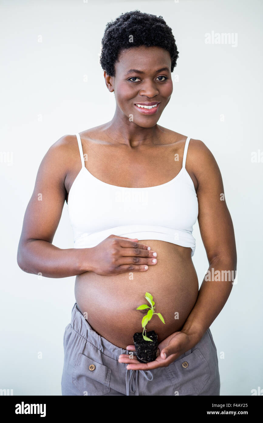 Donna incinta in possesso di una pianta piccola Foto Stock