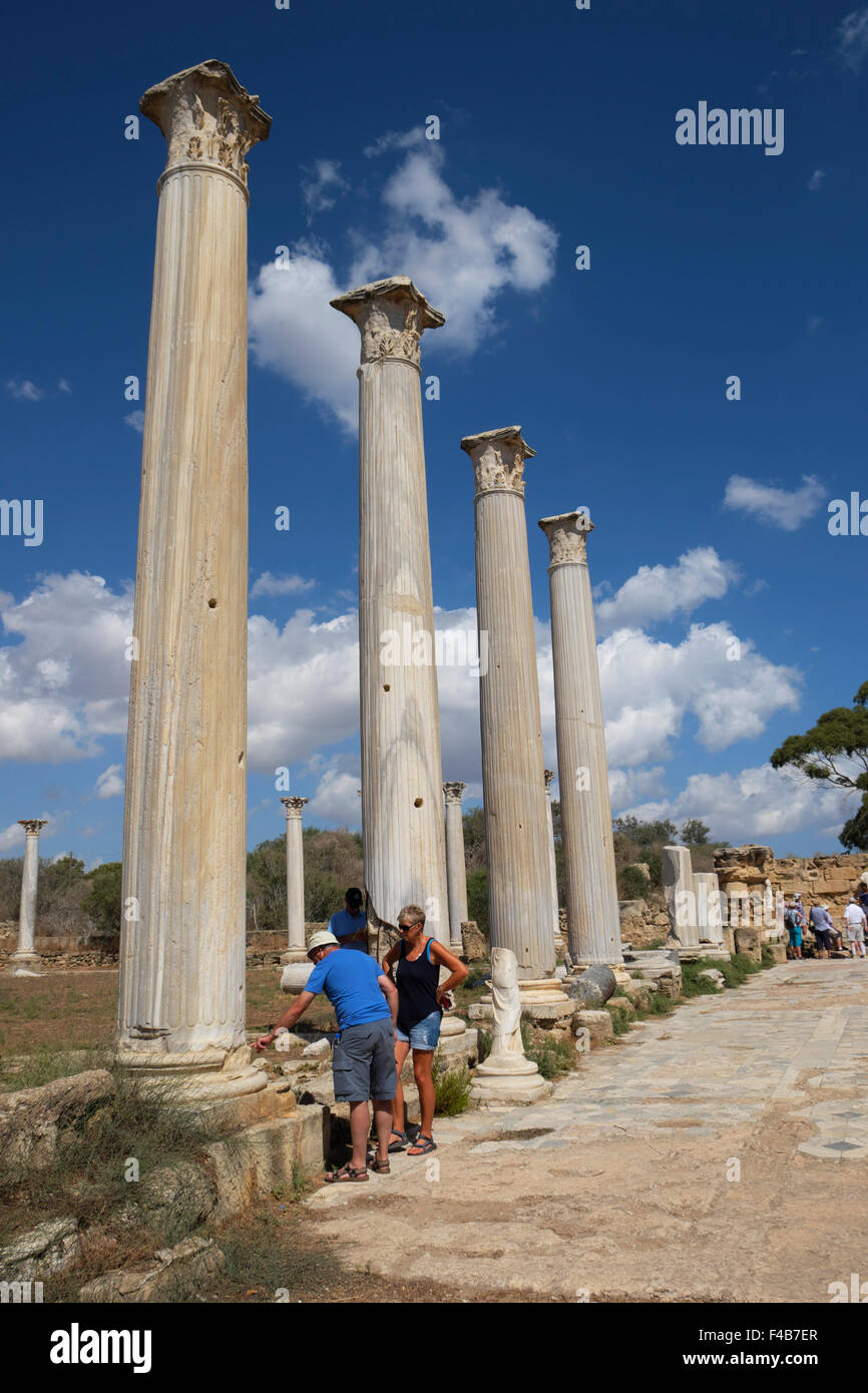 Vista verticale di turisti di ispezionare le colonne corinzie presso l'antico sito romano di Salamina, Famagosta Cipro Nord Cipro Nord KATHY DEWITT Foto Stock