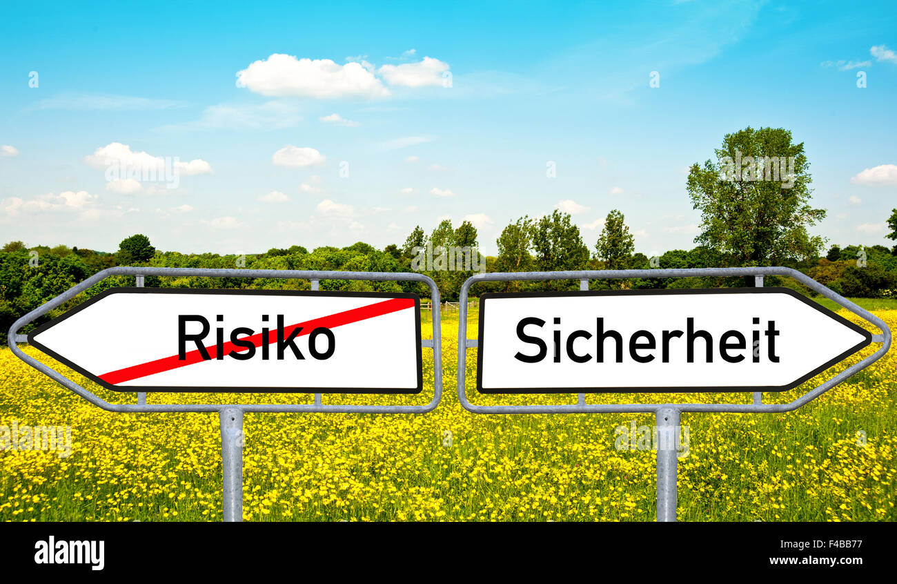 Un cartello stradale con due parole: rischio e sicurezza Foto Stock