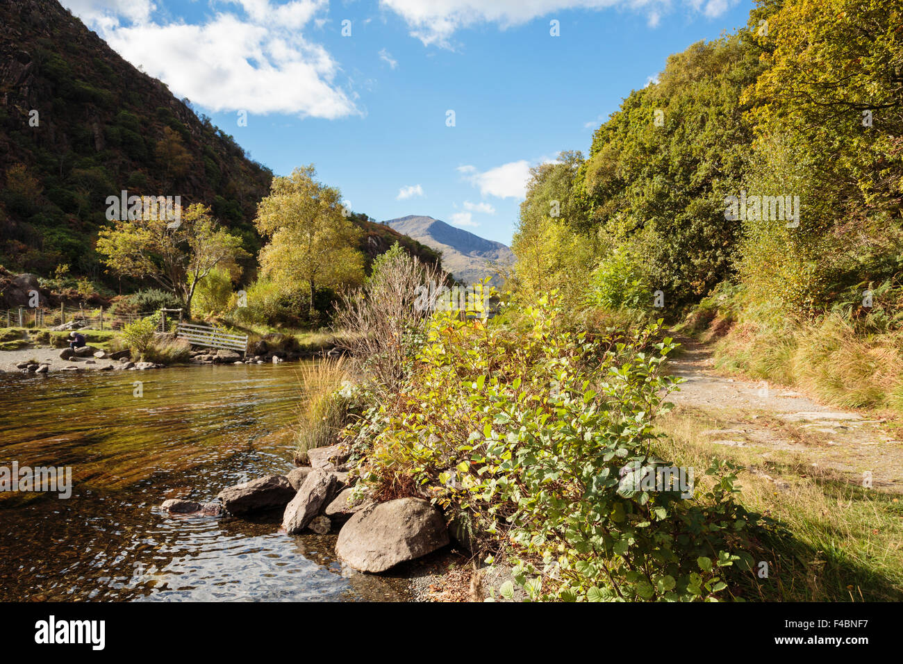 Accanto a Percorso Llyn Dinas lago in autunno in Nant Gwynant valley nel Parco Nazionale di Snowdonia. Beddgelert, Gwynedd, Galles del Nord, Regno Unito Foto Stock
