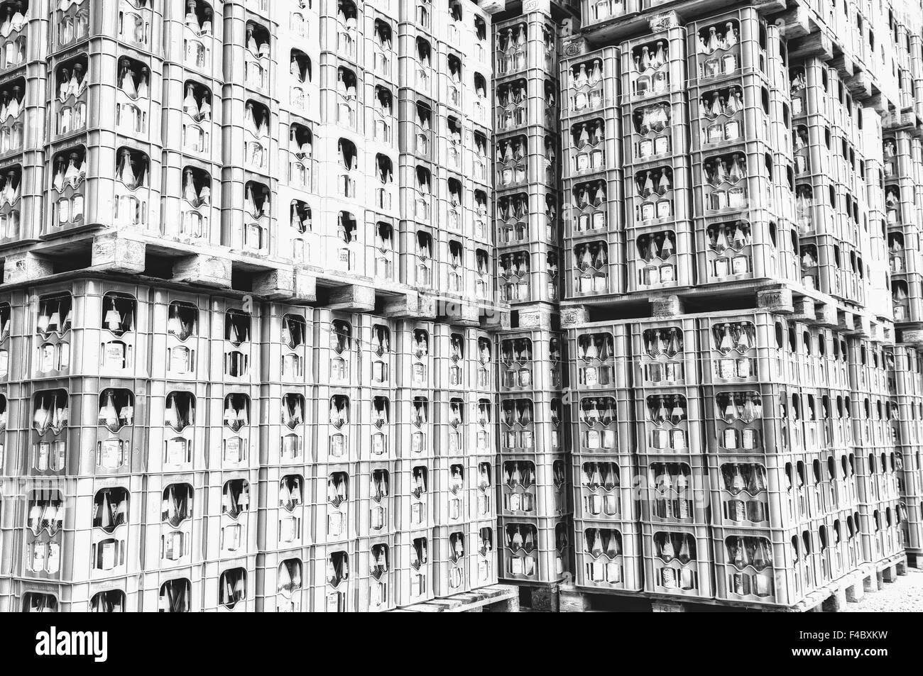 Soda - casse di bibite su pallet bianco Foto Stock