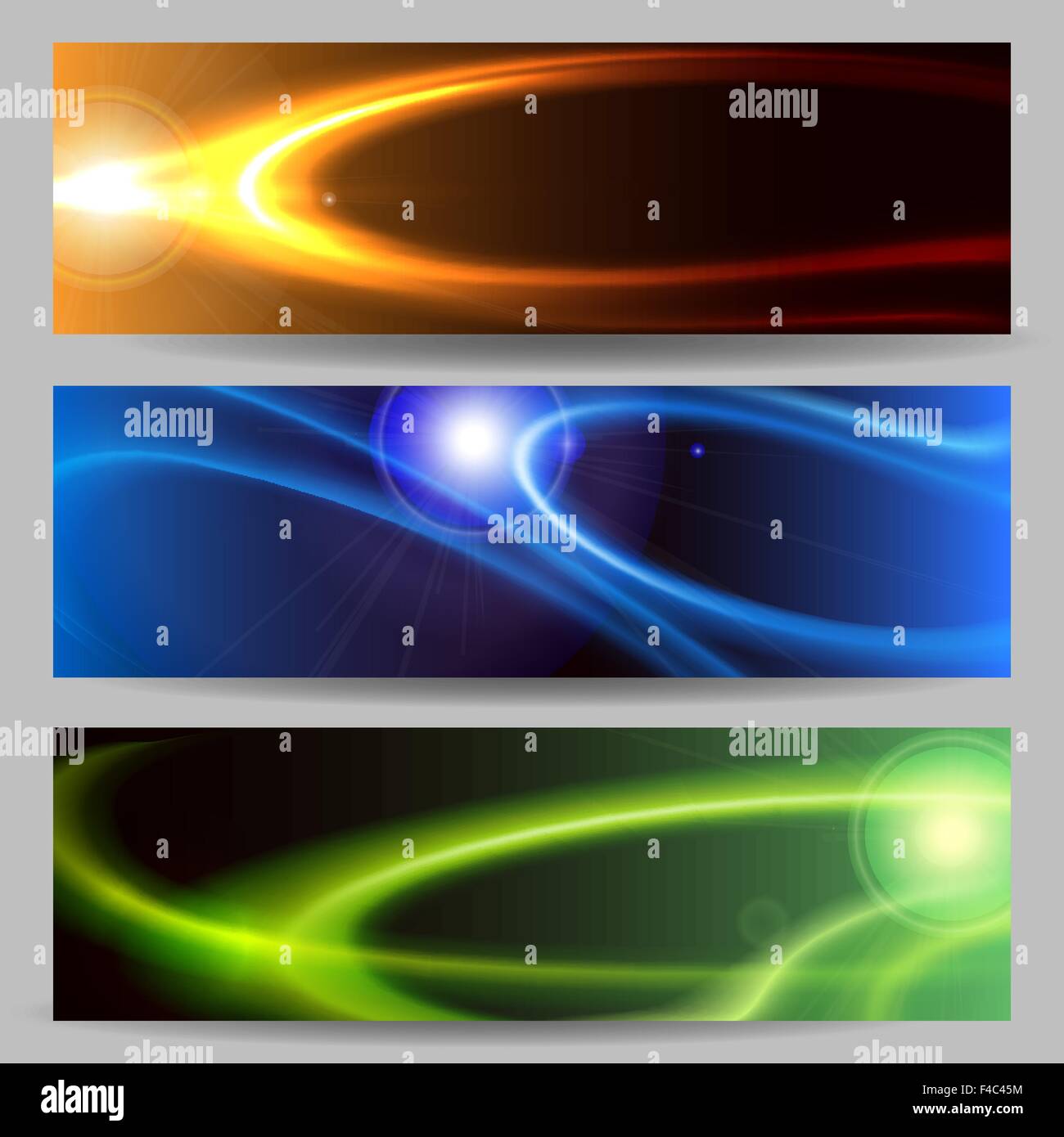 Uno spazio esterno o Banner di intestazione impostata. Cosmic incandescente oggetti con effetti di svasatura e copia di spazio per il testo. Illustrazione Vettoriale