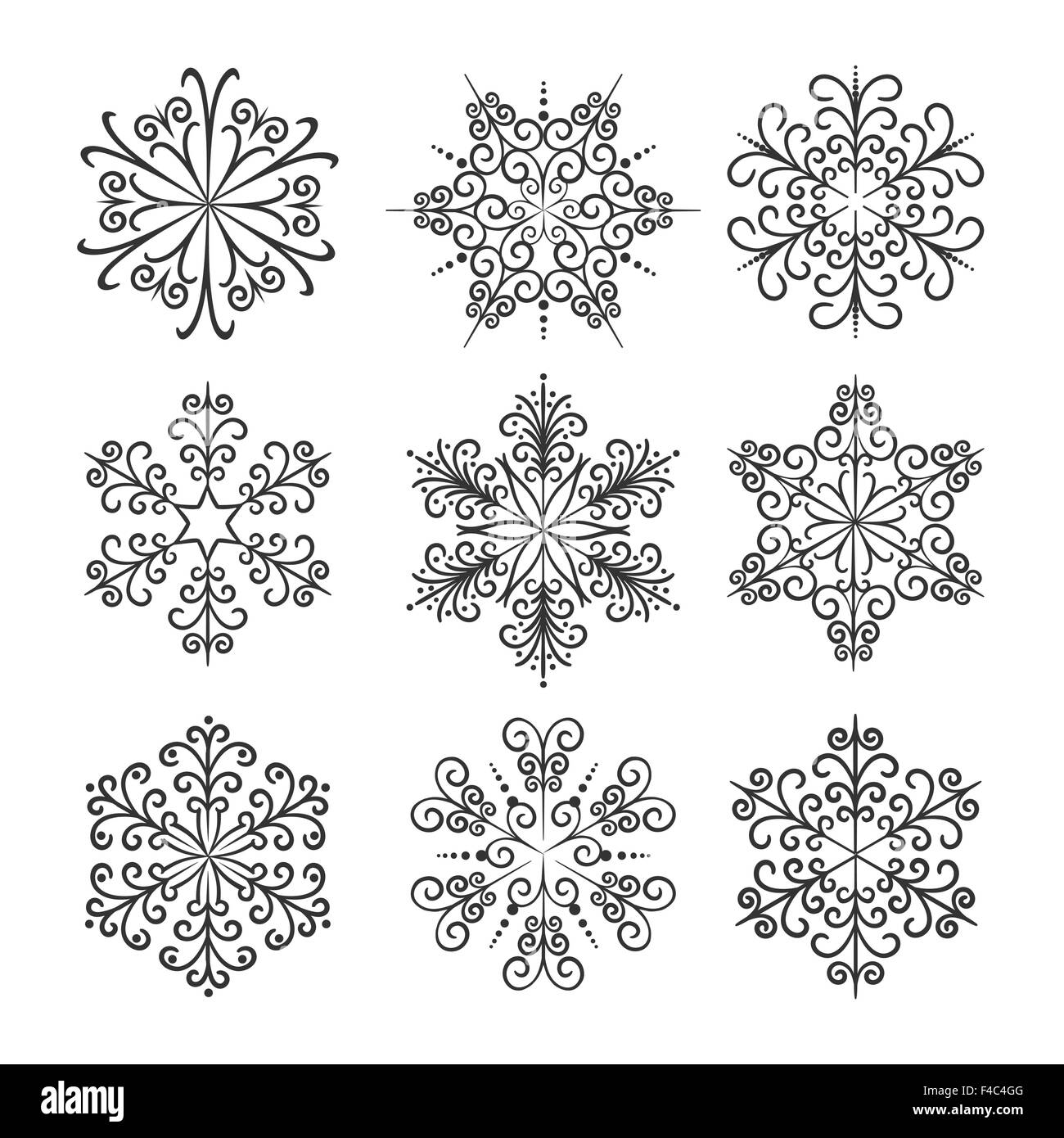 Disegnata a mano il simbolo del fiocco di neve icon set. Isolato in bianco e nero su bianco. Illustrazione Vettoriale Disegnata a mano il simbolo del fiocco di neve icon set. Isolato in bianco e nero su bianco. Illustrazione Vettoriale