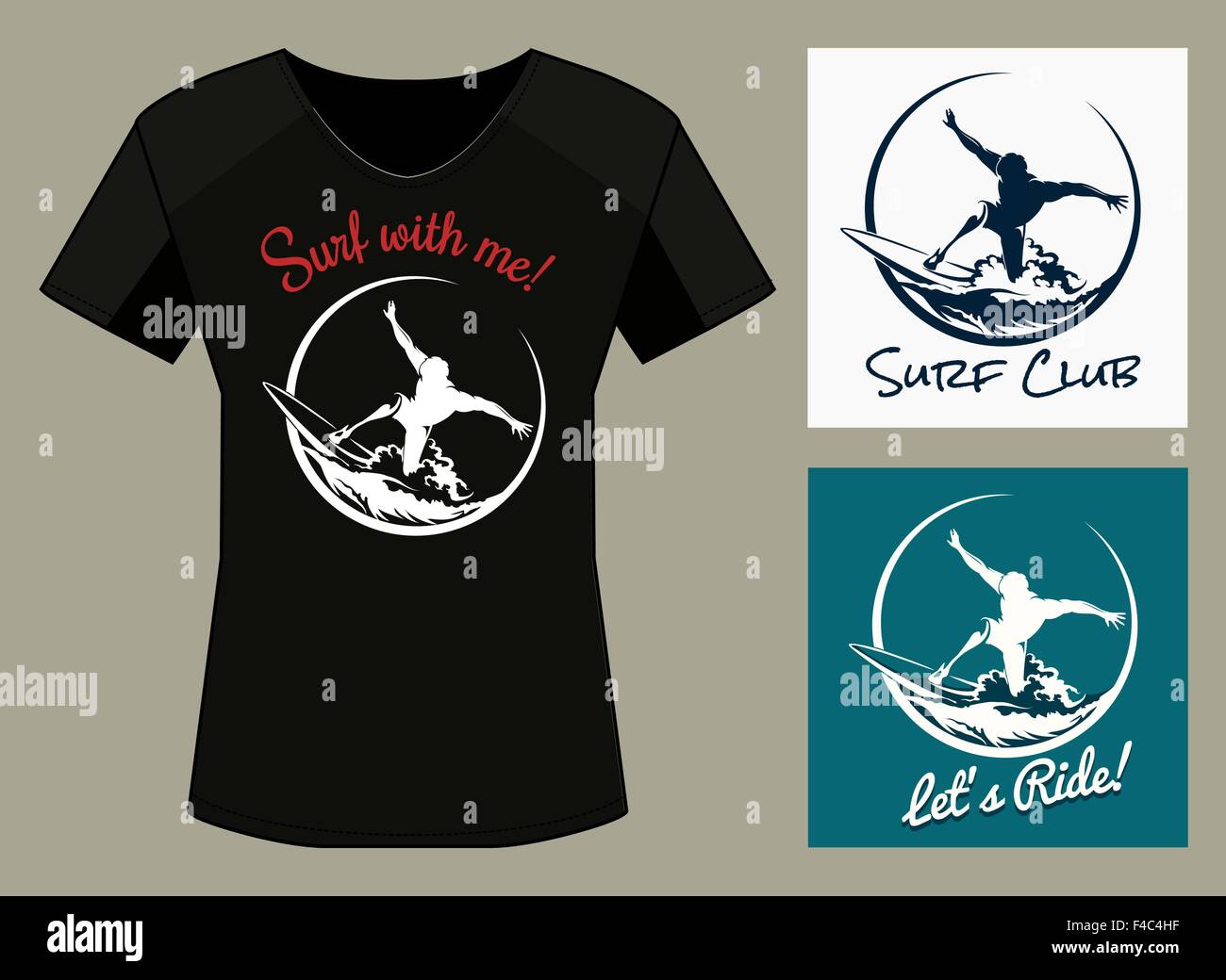 T-Shirt Stampa in tre varianti di colore. Surfer Club Print Design con campioni di testo. Gratuito solo font utilizzato. Illustrazione Vettoriale