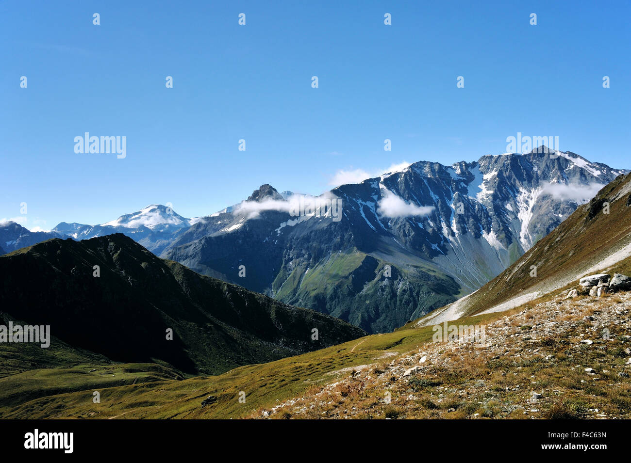Panorama sulla Aiguille Grive; Les Arcs; Bourg-St-Maurice; sulle Alpi francesi, Francia Foto Stock