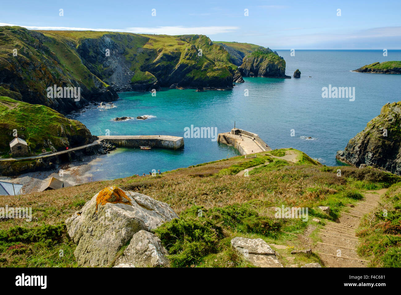 Cornwall coast - Mullion Cove, penisola di Lizard, Cornwall, Regno Unito - Vista della costa e del porto in estate Foto Stock