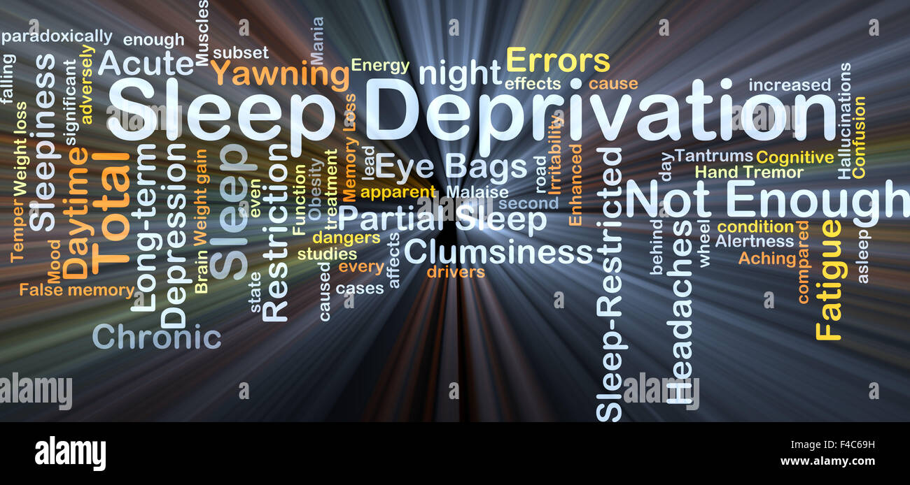 Concetto di sfondo wordcloud illustrazione della privazione del sonno luce incandescente Foto Stock