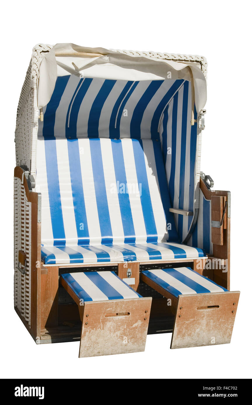 Sedia spiaggia blu a strisce bianche Foto Stock