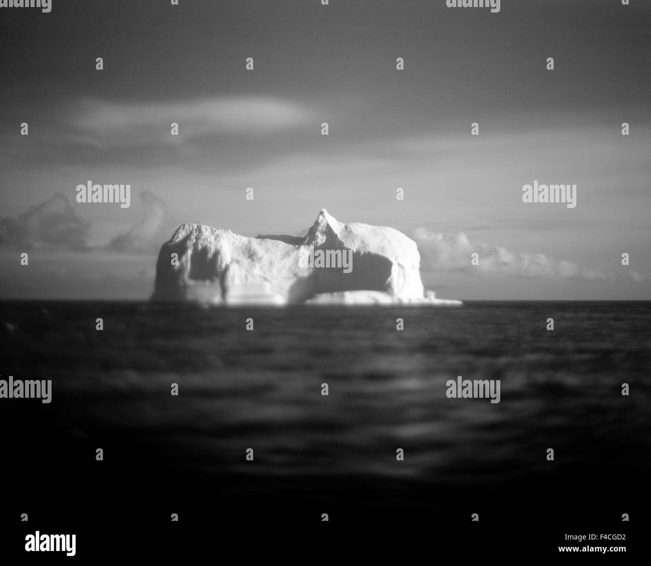 L'Antartide, offuscata immagine in bianco e nero di enormi iceberg tabulari vicino a galleggiante Isola Deception nel sud Shetland. Foto Stock