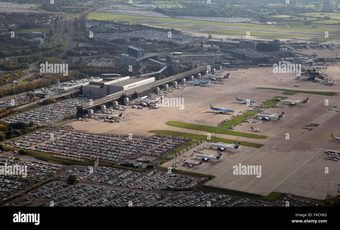 Vista aerea dell'Aeroporto Internazionale di Manchester, Regno Unito Foto Stock