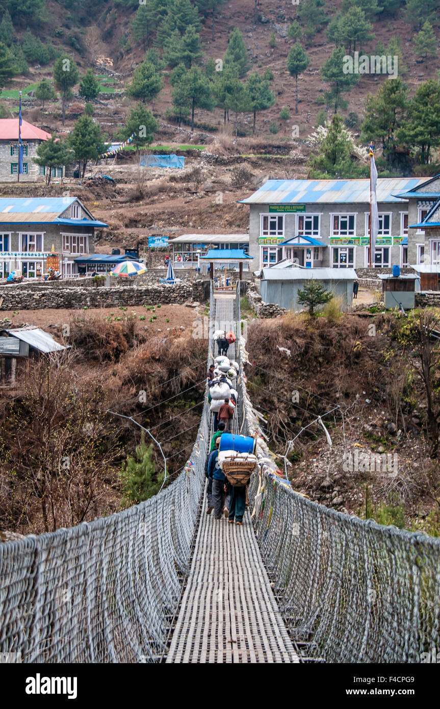 I portieri e yak attraversando ponte per teahouse, Nepal. Foto Stock