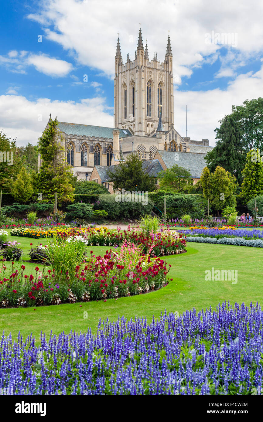 St Edmundsbury Cathedral dall'Abbey Gardens, Bury St Edmunds, Suffolk, Inghilterra, Regno Unito Foto Stock