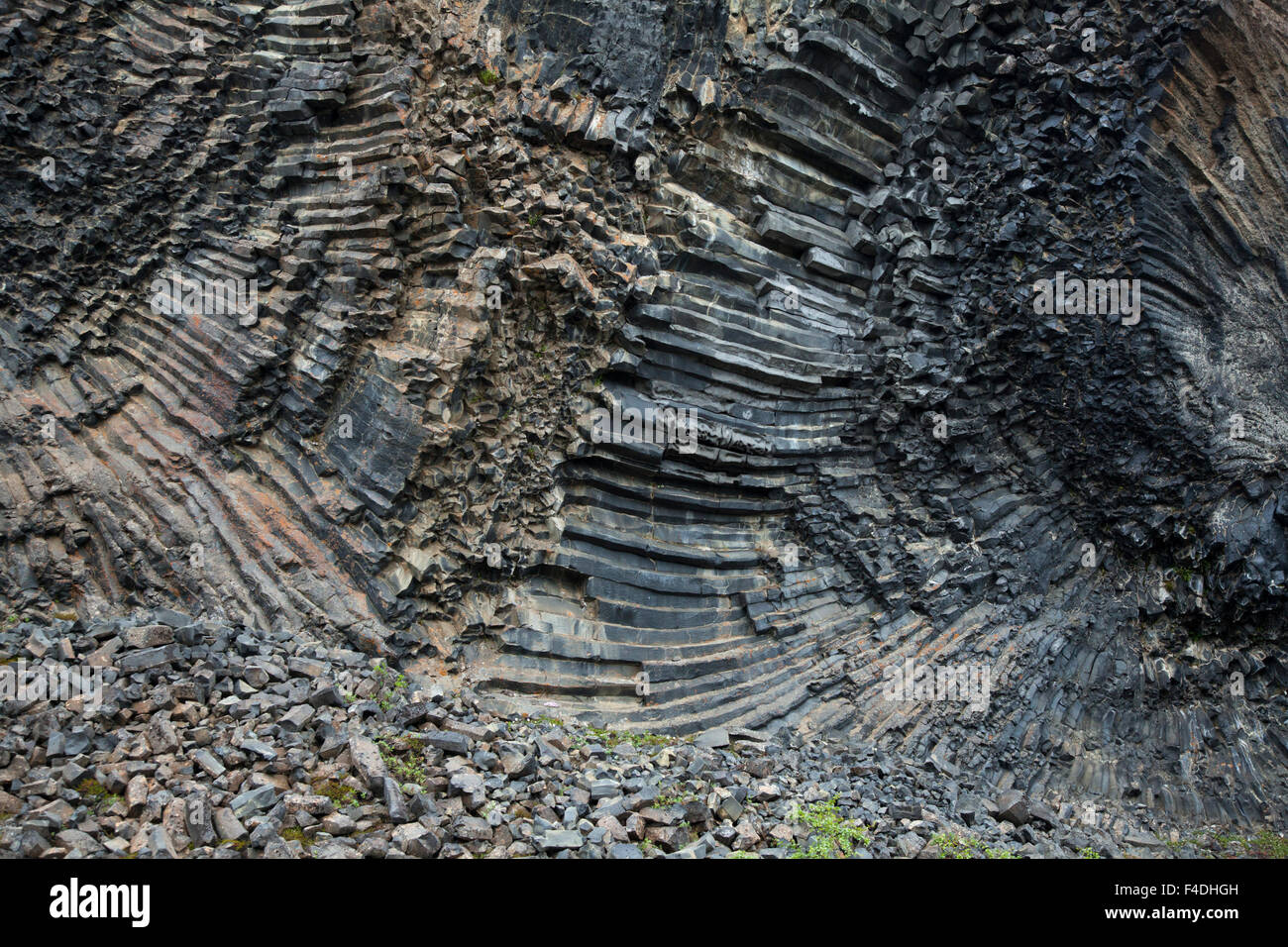 Ritorto di colonne di basalto a Hljodaklettar, Jokulsargljufur, Nordhurland Eystra, Islanda. Foto Stock