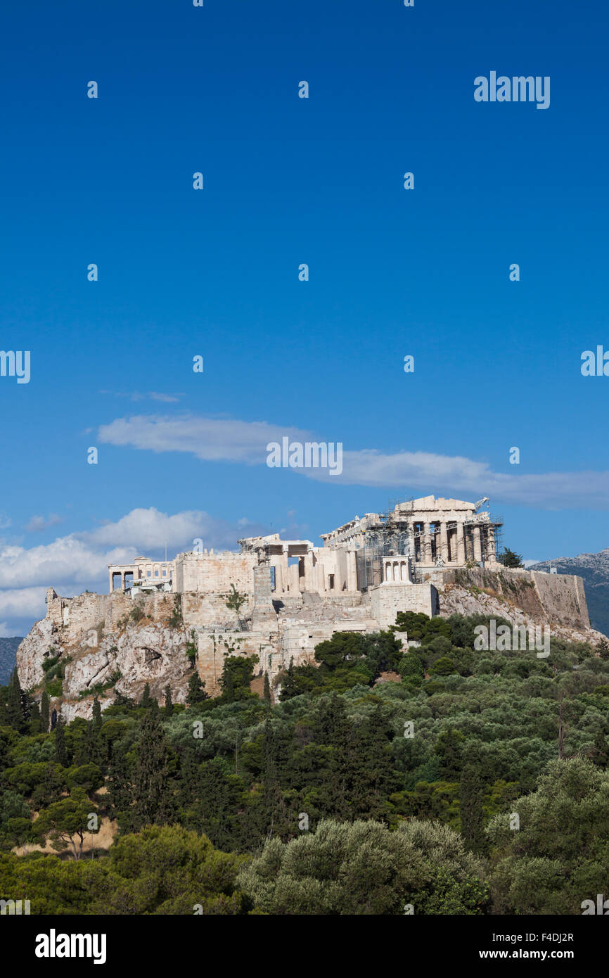 Grecia centrale, Atene, elevati vista sull'Acropoli dalla Pnice Hill Foto Stock