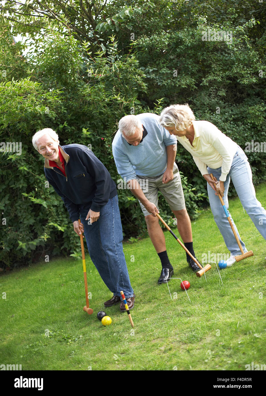 Un gioco di croquet in un giardino. Foto Stock