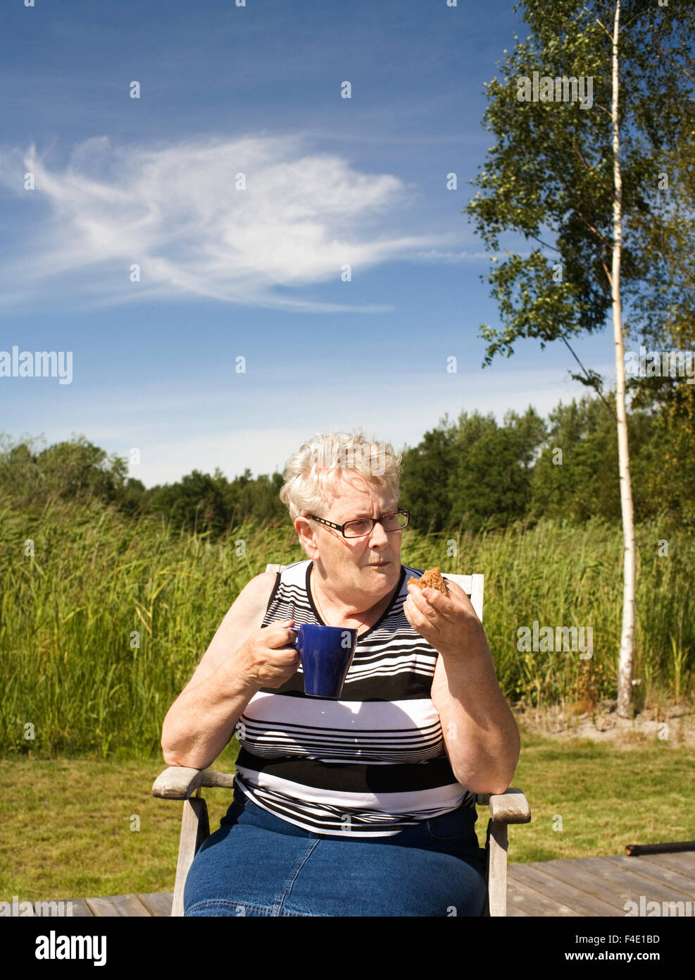 Una donna anziana in una sedia di sun, Svezia. Foto Stock