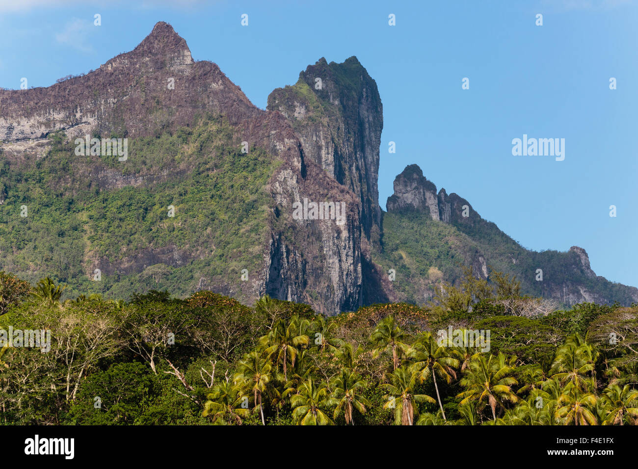 Oceano Pacifico, Polinesia francese Isole della Società, Isole Sottovento, Bora Bora. Vista del vulcano estinto e le vette del Monte Otemanu e Monte Pahia sopra le palme. Foto Stock