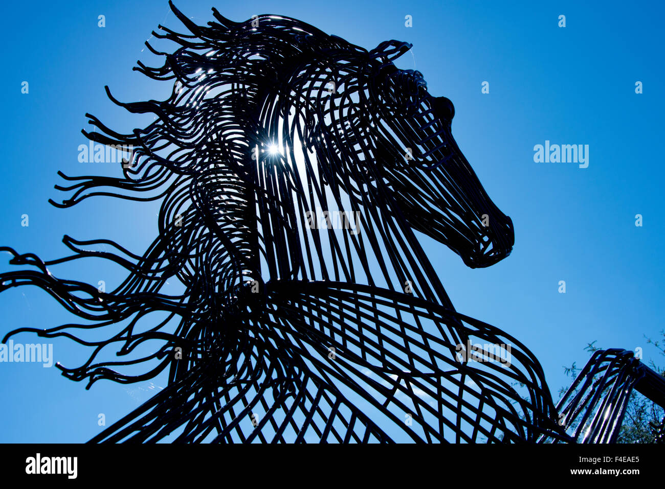 Arizona, Tucson, Tubac. Cavallo di metallo scultura. (Formato di grandi dimensioni disponibili). Foto Stock