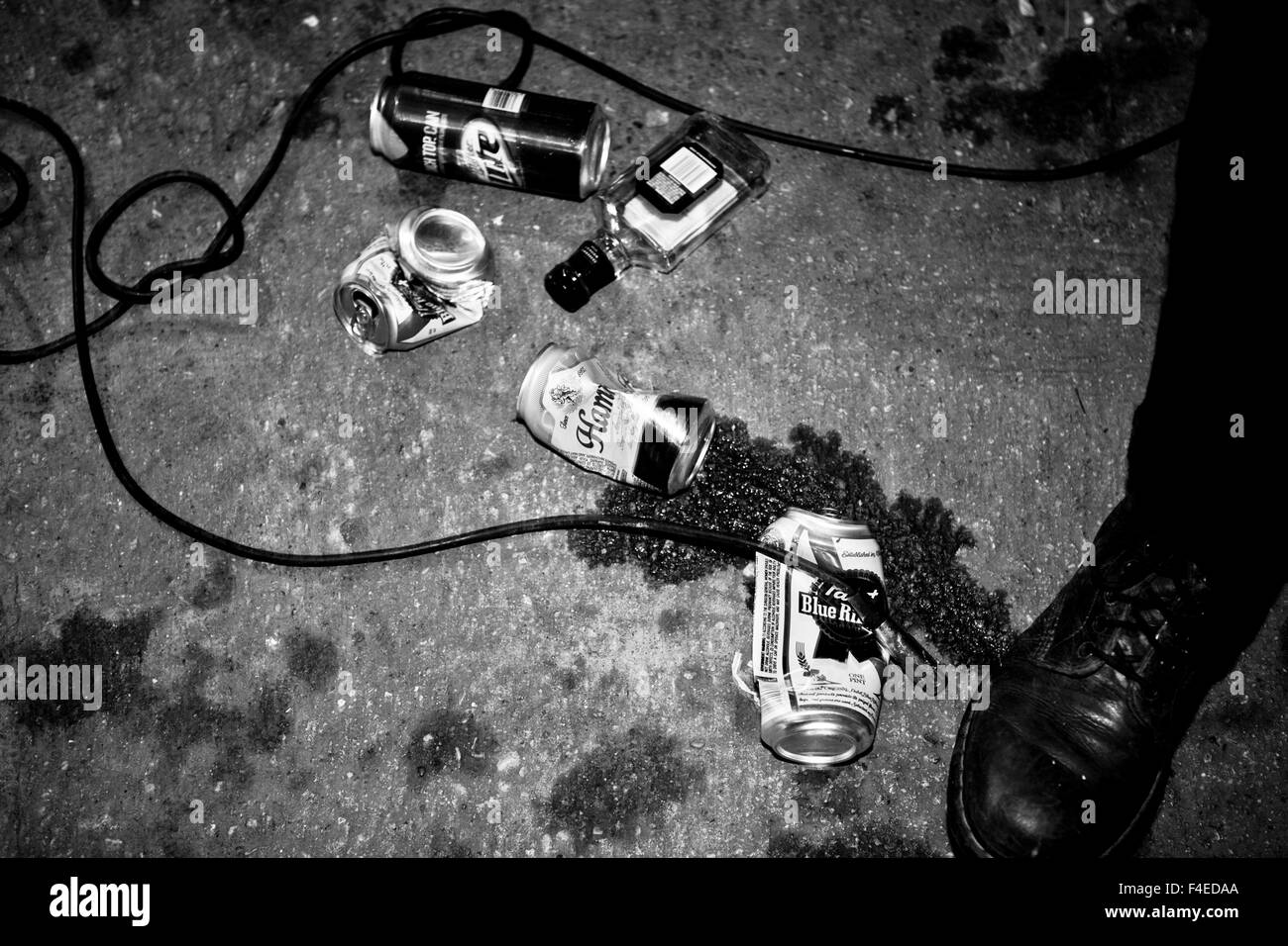 Vuoto schiacciato di lattine di birra sul pavimento di cemento dopo il seminterrato per punk rock show. Facciamo finta che i record Band, vacanza, di Cincinnati, Ohio. Sessione di foto dopo la mostra a 700 Sud Lincoln Street, Bloomington, Indiana. Settembre 21, 2012. Foto Stock