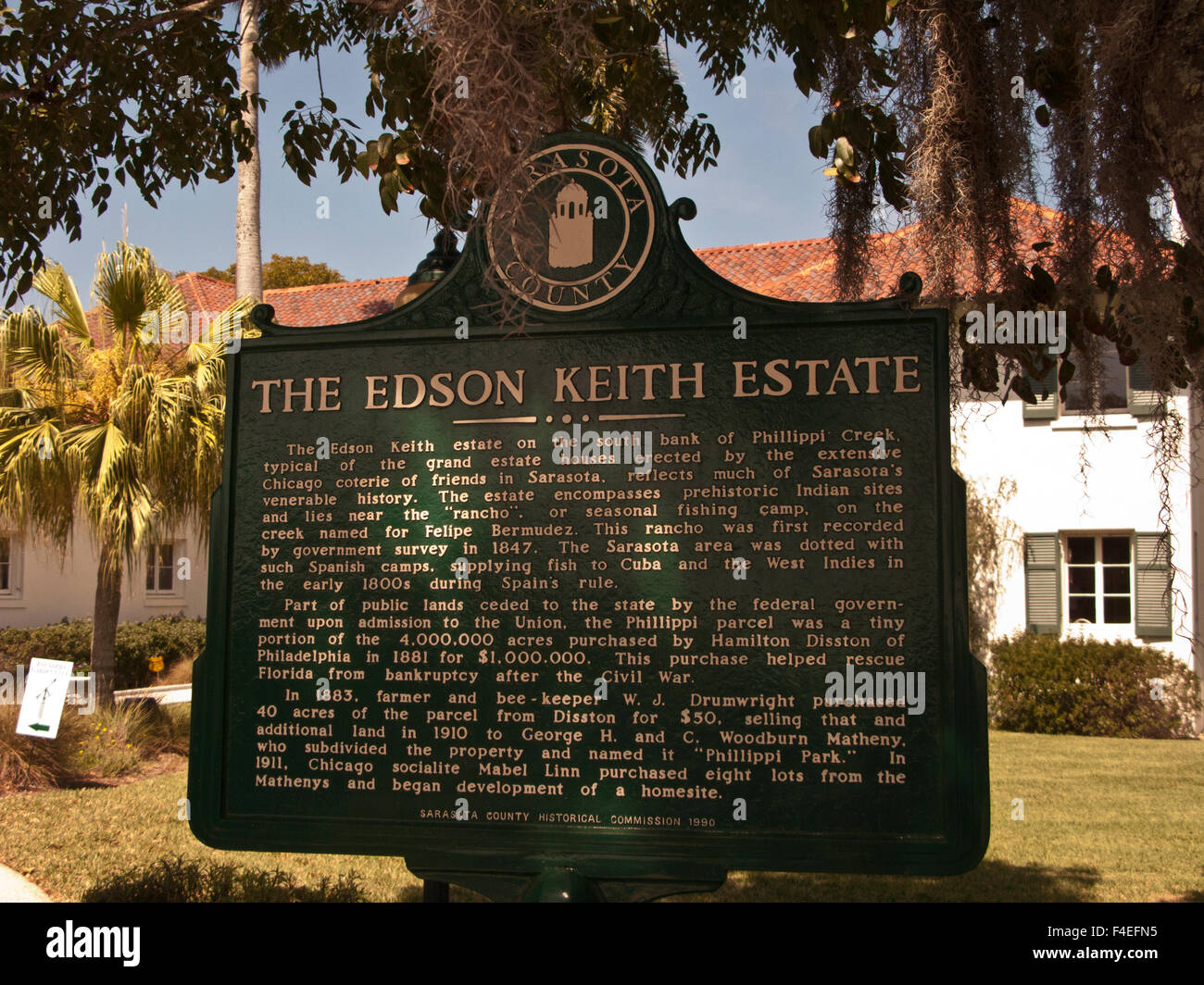 Stati Uniti d'America, Florida, Sarasota, Phillipi parco immobiliare, Edson Keith Mansion cartello informativo. Foto Stock