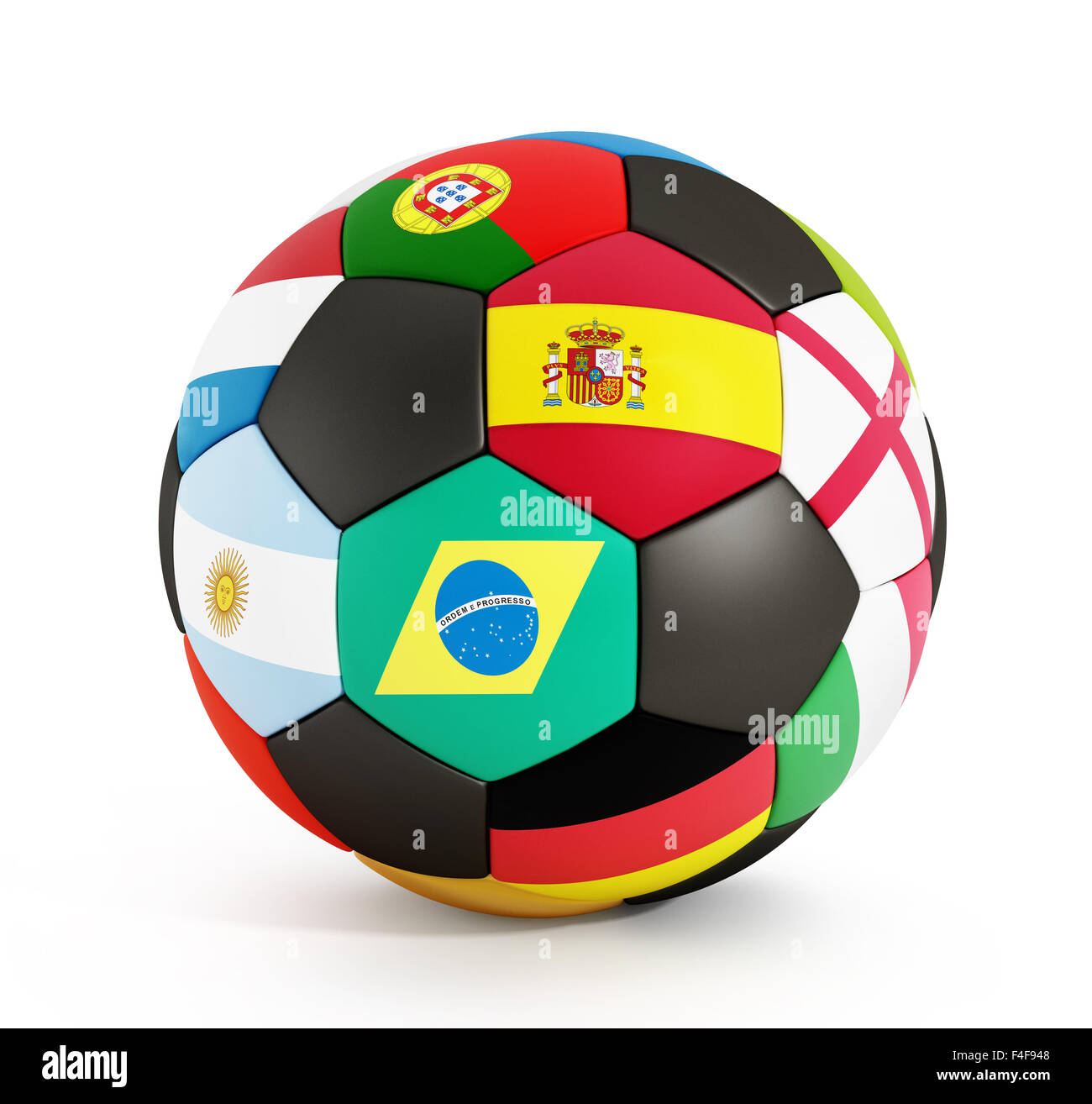Pallone da calcio con bandiere di paesi isolati su sfondo bianco Foto Stock