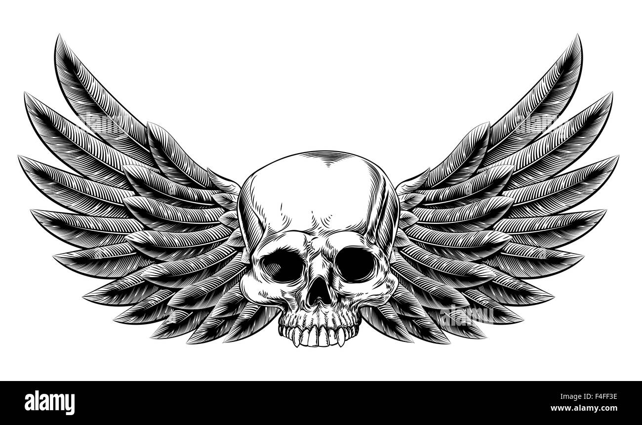 Illustrazione originale di vintage stile xilografia cranio con eagle uccello o ali d'angelo Foto Stock