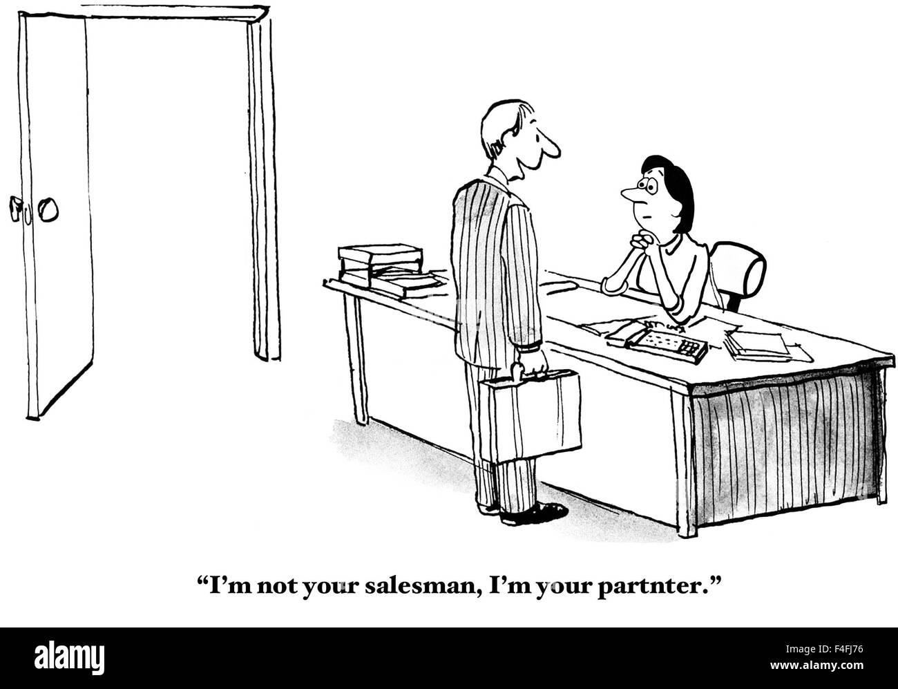 Business cartoon di uomo dice alla donna, "io non sono il vostro venditore, io sono il vostro partner". Foto Stock