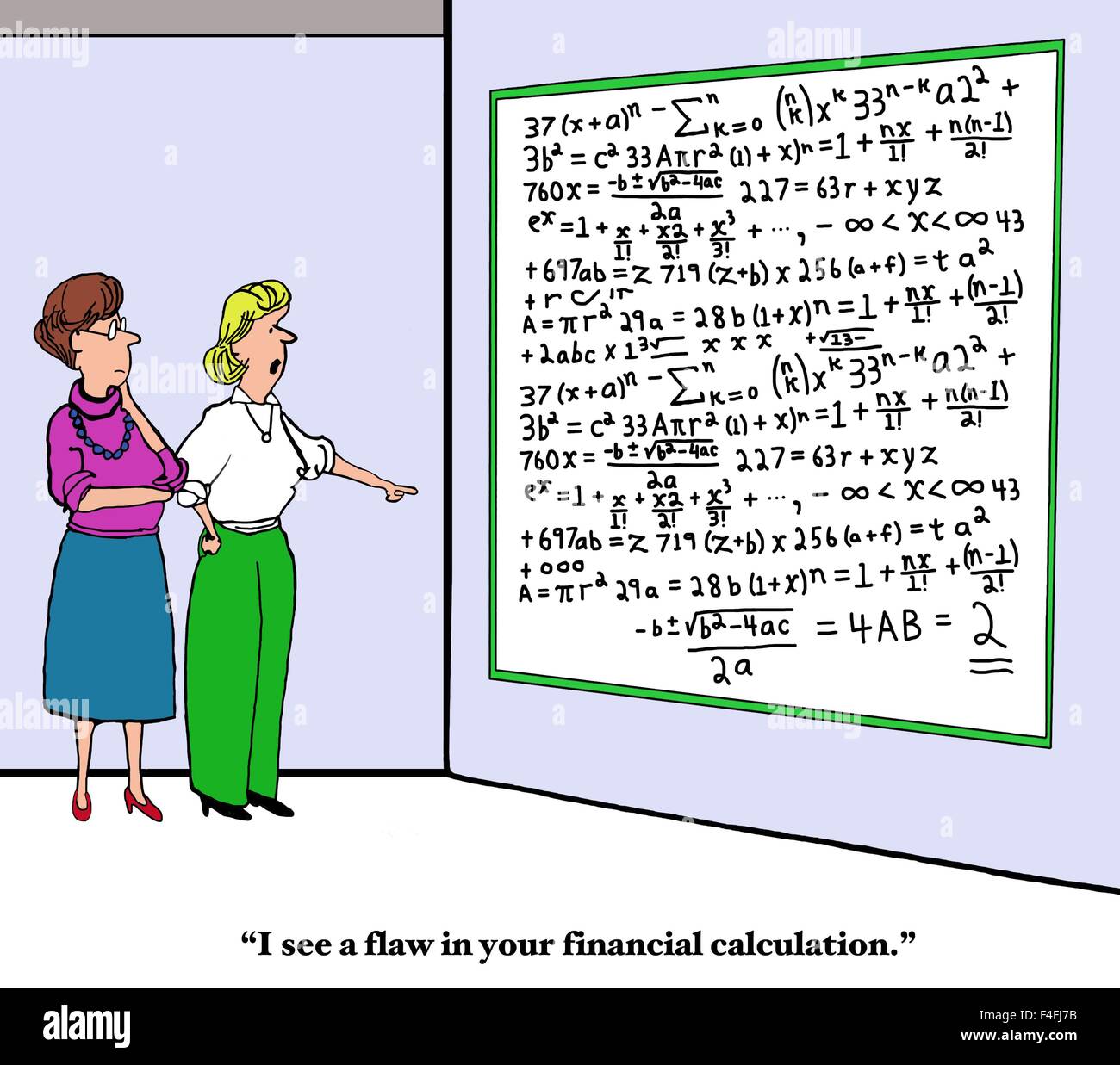Business o istruzione cartoon di due donne e lavagna con calcoli, "Vedo un bug nel tuo calcolo finanziario". Foto Stock