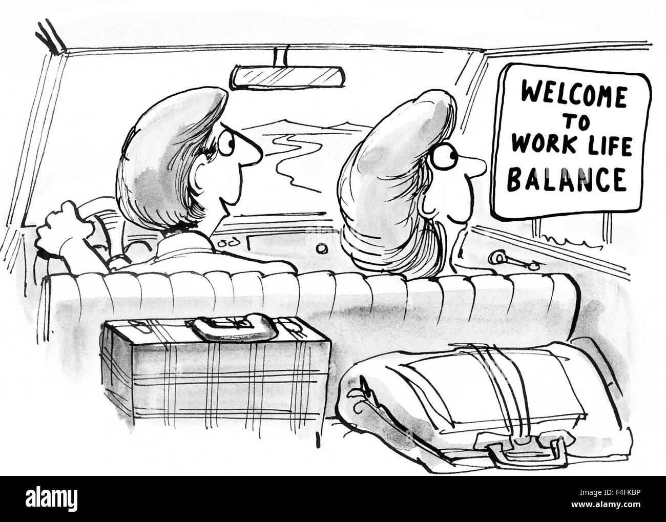 Business, medici e legali cartoon di occupato coppia di testa per le vacanze. Cartello stradale letture, 'Welcome to work life balance". Foto Stock