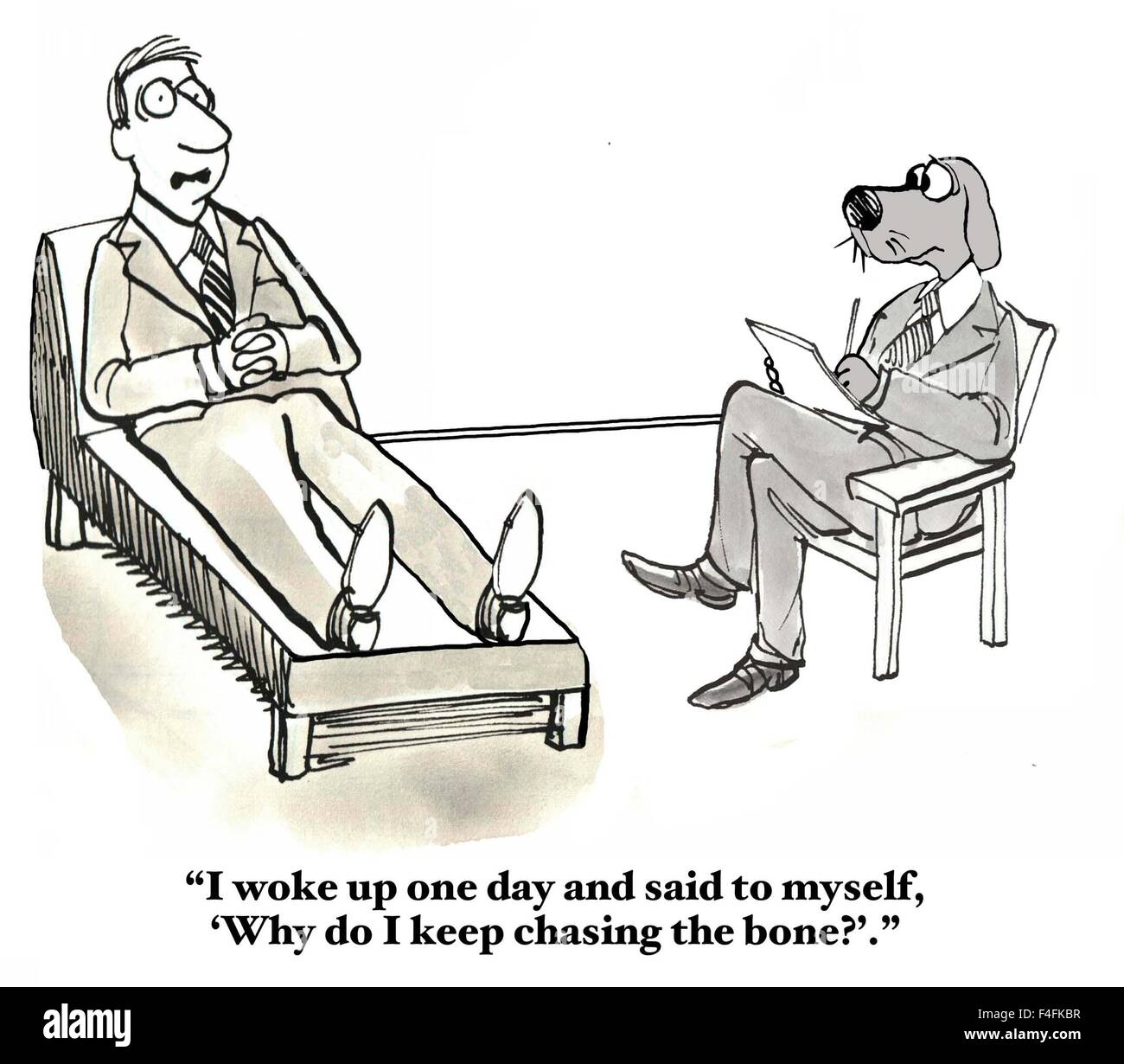 Business, medici e legali cartoon di uomo che parla di cane terapeuta e dicendo, "Mi sono svegliato..."perché continuo a caccia di osso?'." Foto Stock