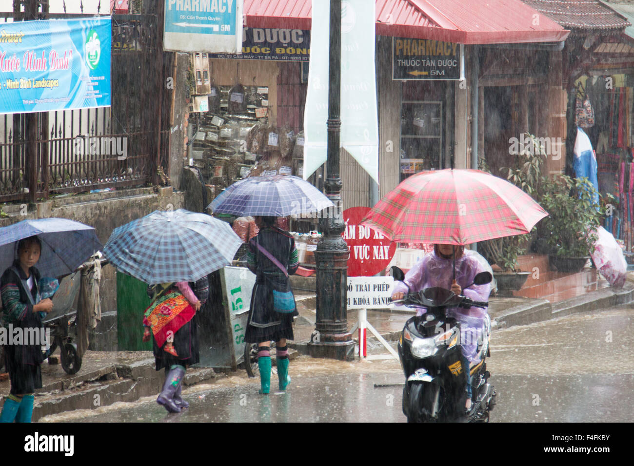 Sapa o Sa Pa è una città di frontiera nel nord-ovest del Vietnam, scatti qui nella piovosa stagione umida come pilota ha ombrello fino su scooter Foto Stock