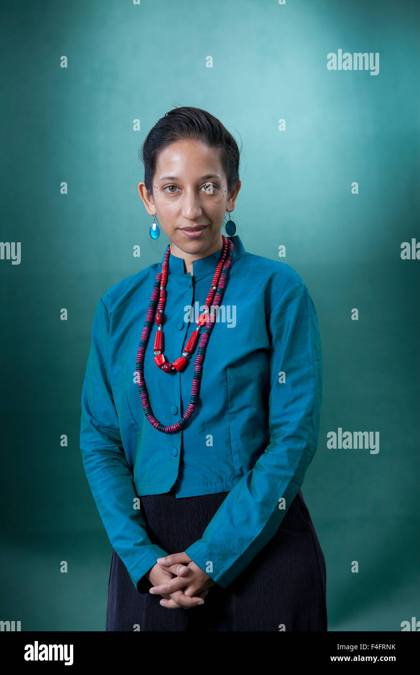 Bidisha, il British Indian emittente e giornalista, all'Edinburgh International Book Festival 2015. Foto Stock