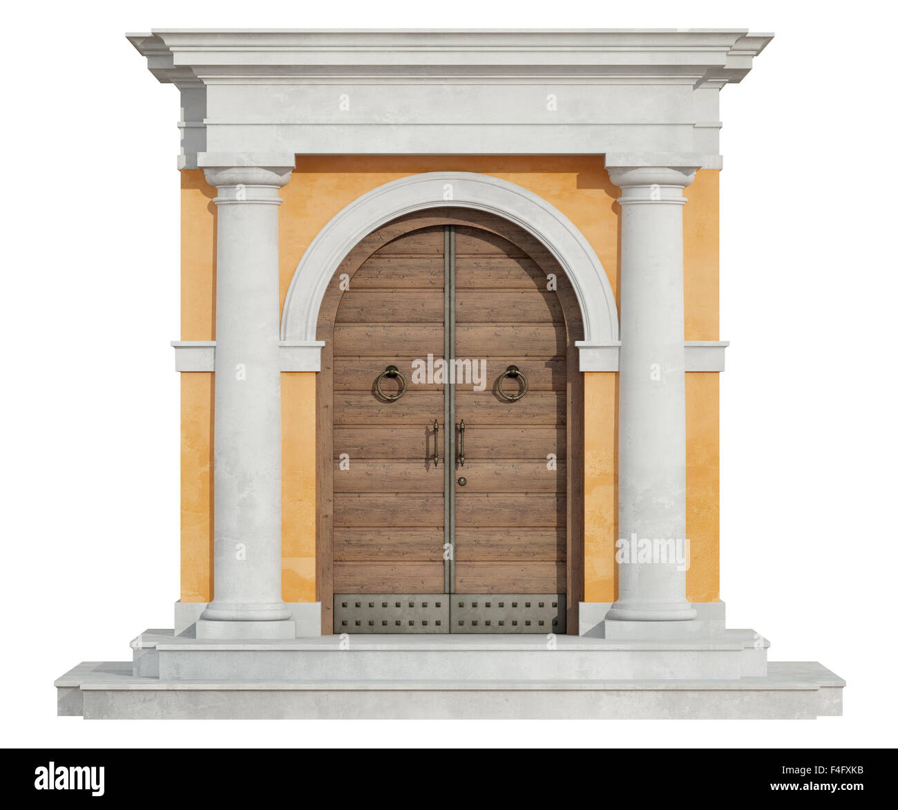 Vista frontale di un classico portale in ordine toscano con porta di legno isolato su bianco - 3D Rendering Foto Stock