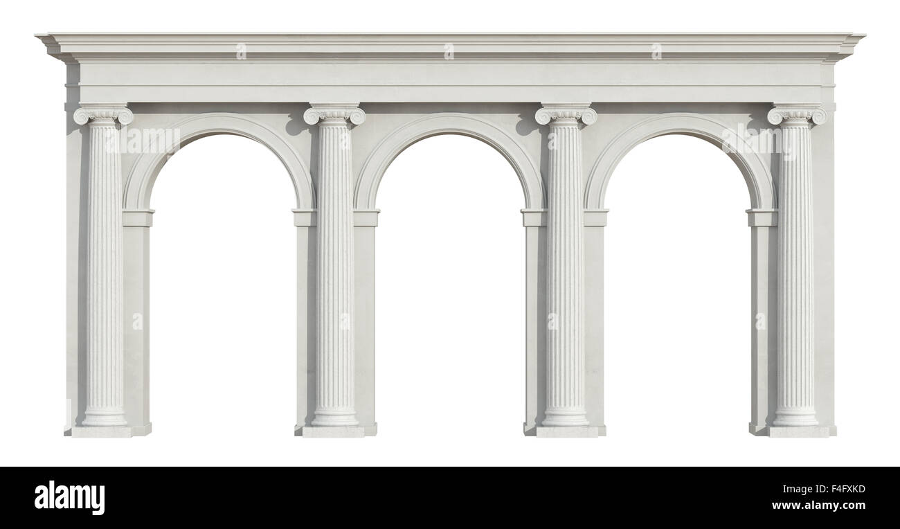 Colonnato ionico con tre arch isolato su bianco - 3D Rendering Foto Stock