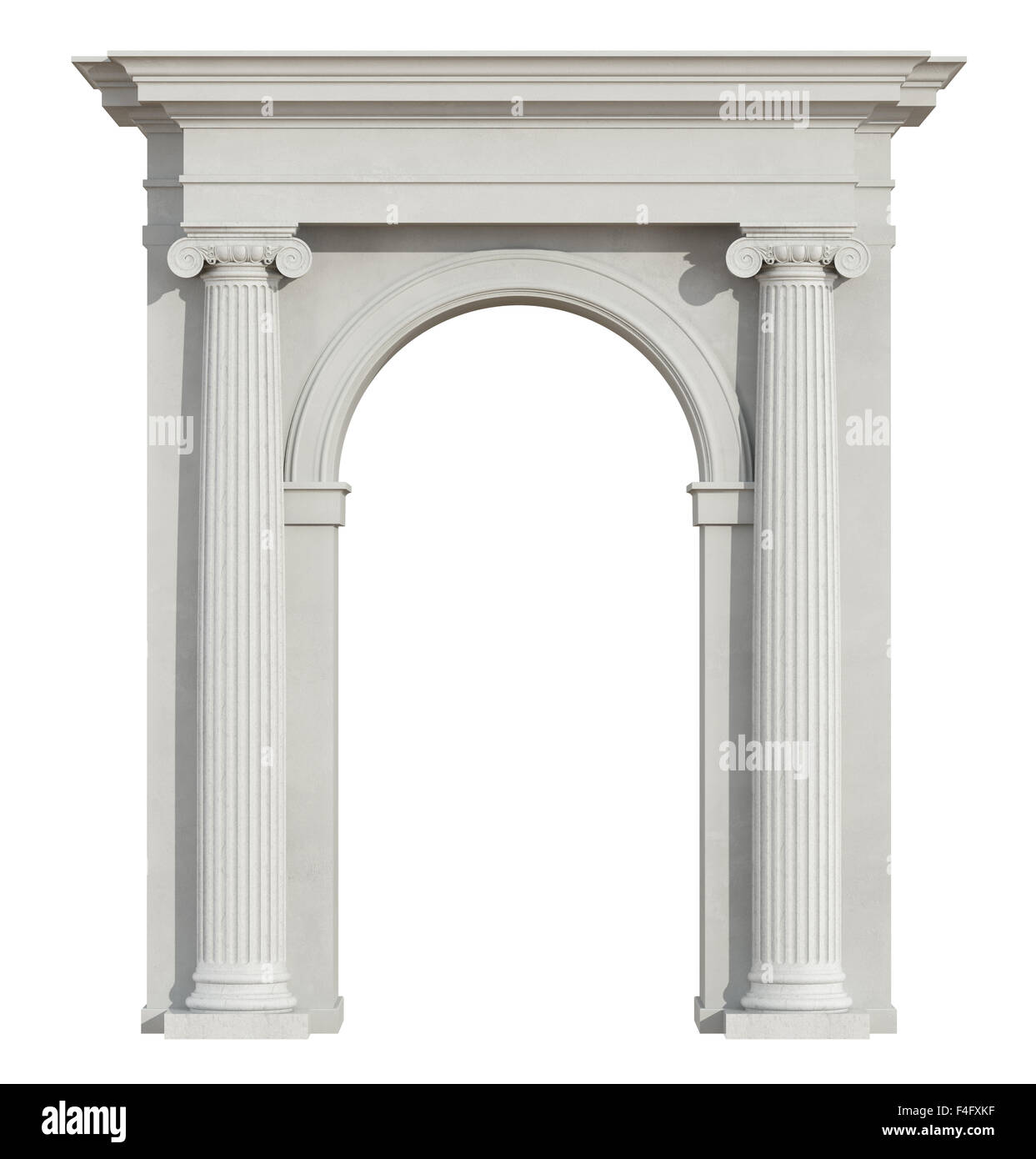 Vista frontale di un arco classico con colonna ionica isolato su bianco - 3D Rendering Foto Stock