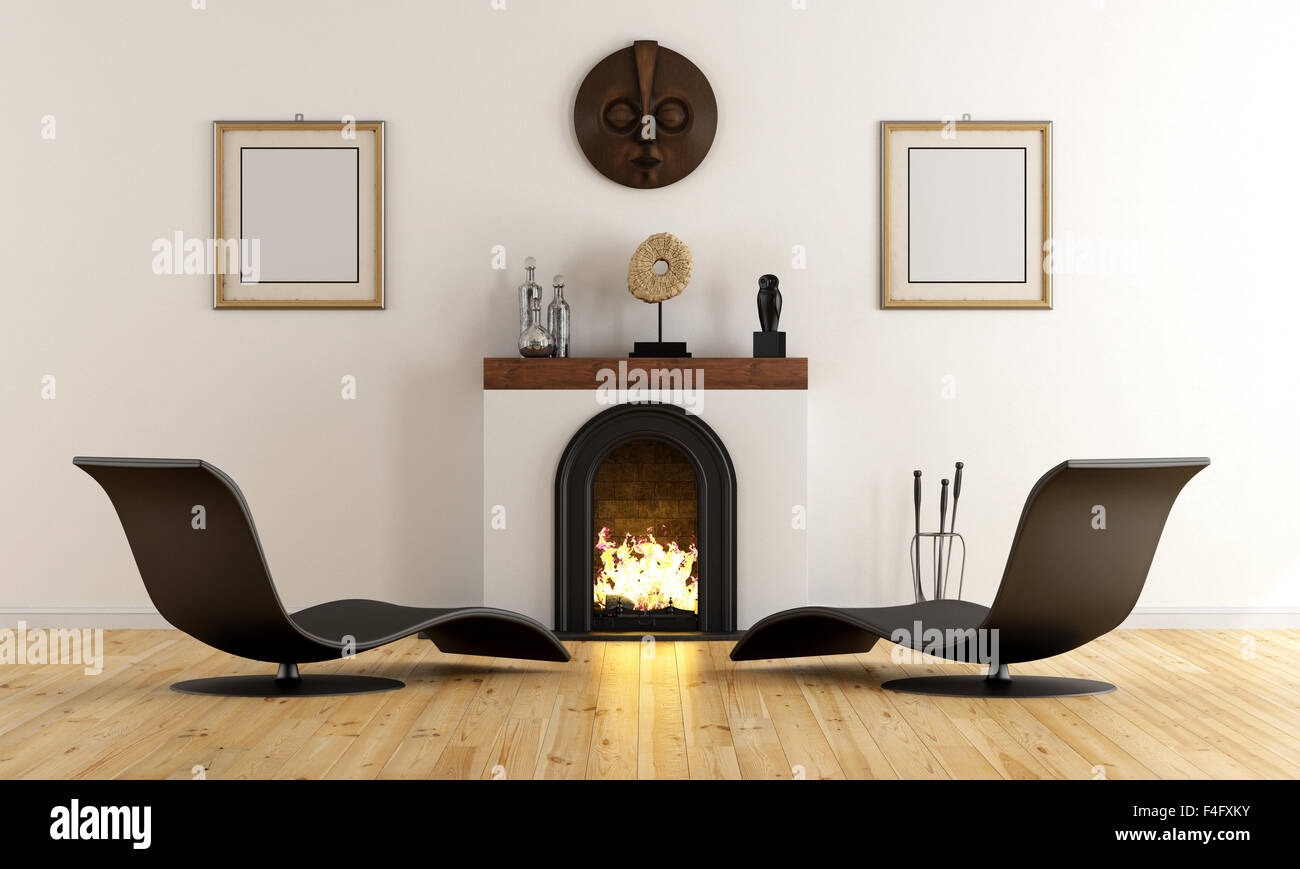 Stanza vuota con caminetto minimalista con arredamento etnico oggetti e poltrona nera - il rendering 3D Foto Stock
