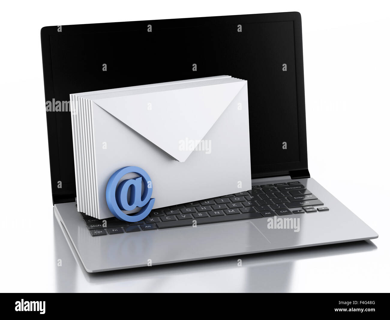 3D renderer immagine. Computer portatile con le buste. E-mail concetto. Isolato su sfondo bianco Foto Stock