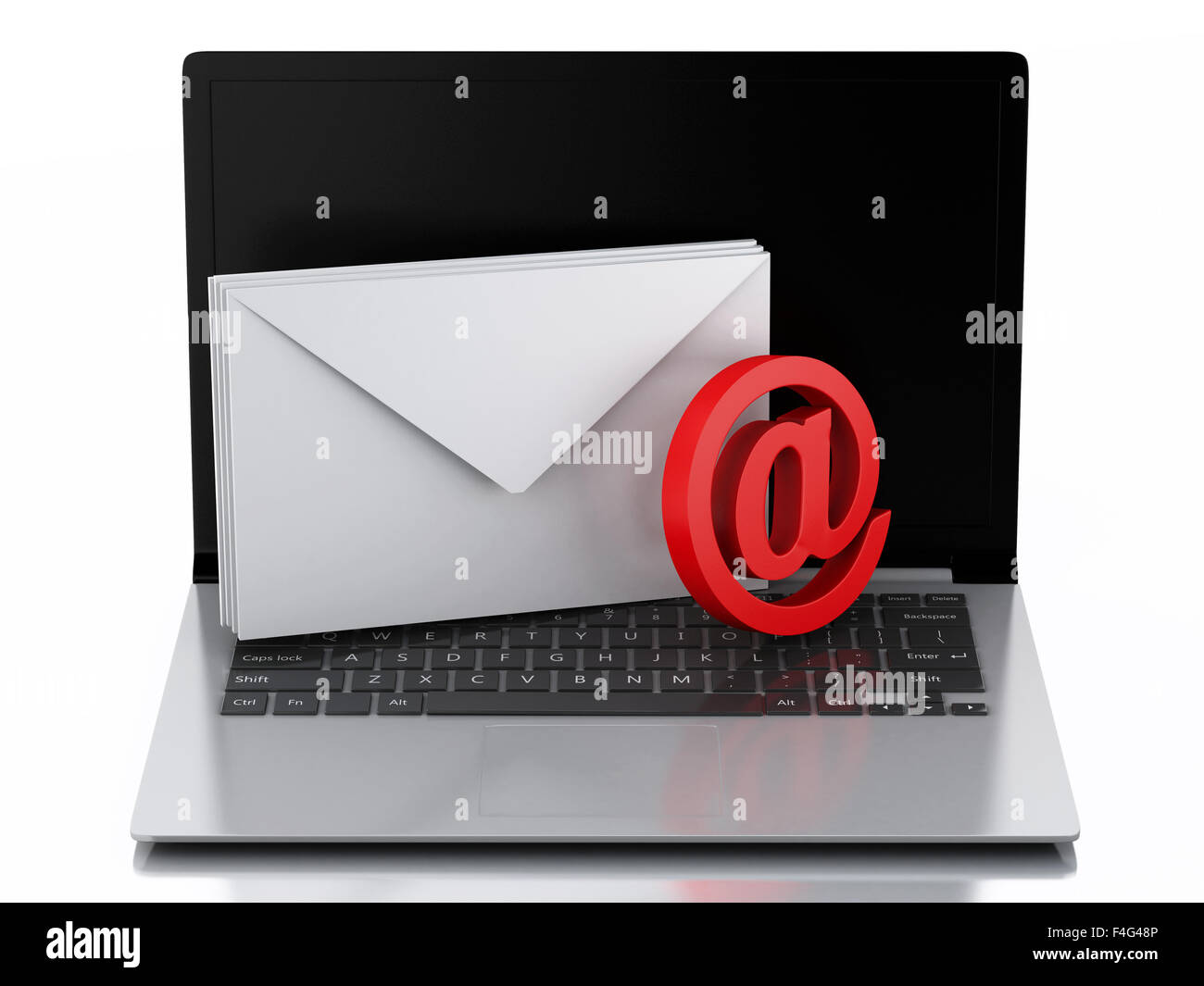 3D renderer immagine. Computer portatile con le buste. E-mail concetto. Isolato su sfondo bianco Foto Stock