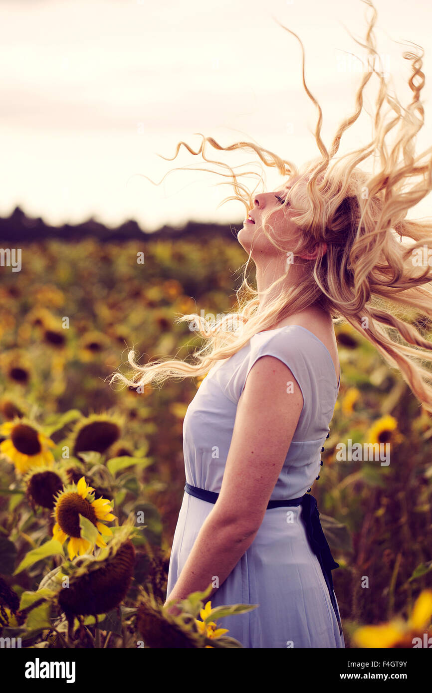 Bella donna bionda in un campo di girasoli Foto Stock