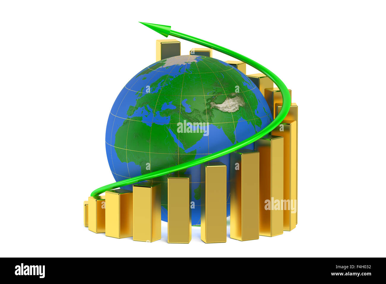 Diagramma di crescita con globo isolato su sfondo bianco Foto Stock
