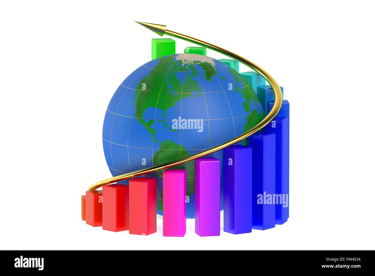 Grafico di crescita con globo isolato su sfondo bianco Foto Stock