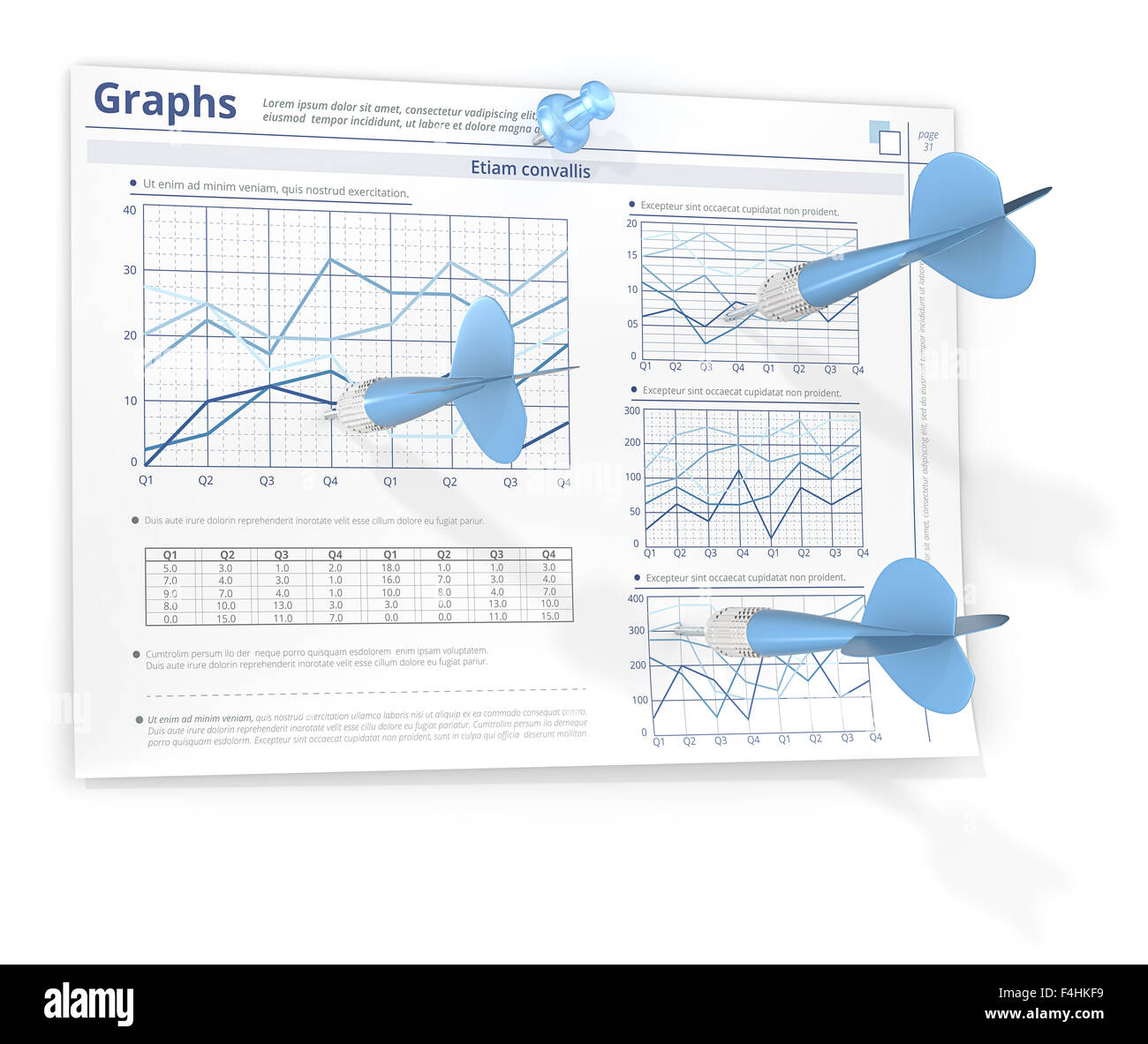 3 Frecce Dart colpendo Infographics carta sul muro. Blu tema colore. Foto Stock 3 Frecce Dart colpendo Infographics carta sul muro. Blu tema colore. Foto Stock