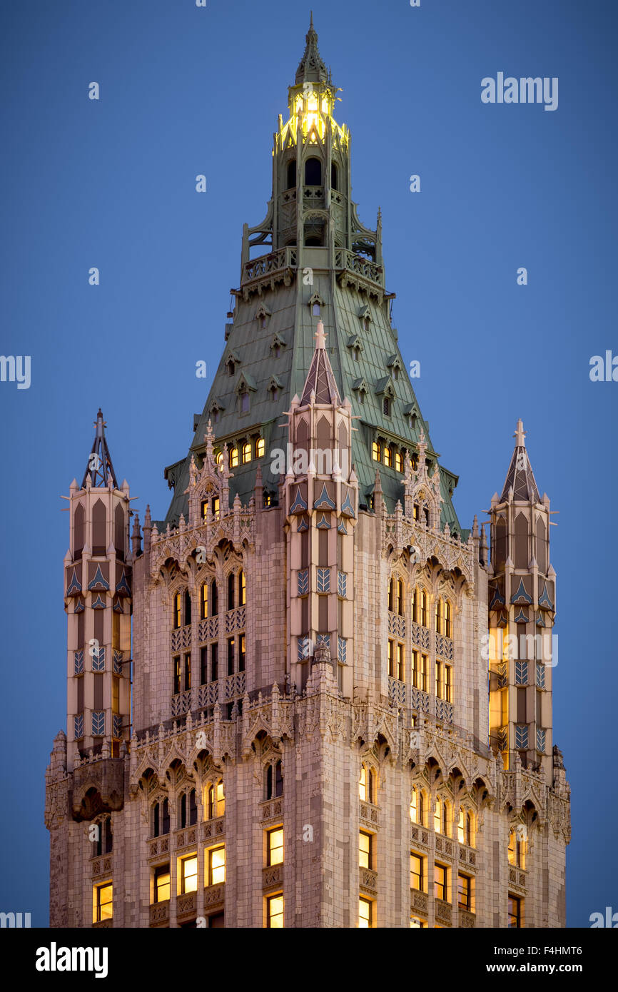 Close up la guglia della neogotica di Woolworth Building al crepuscolo, la parte inferiore di Manhattan, il Quartiere Finanziario di Manhattan, New York Foto Stock