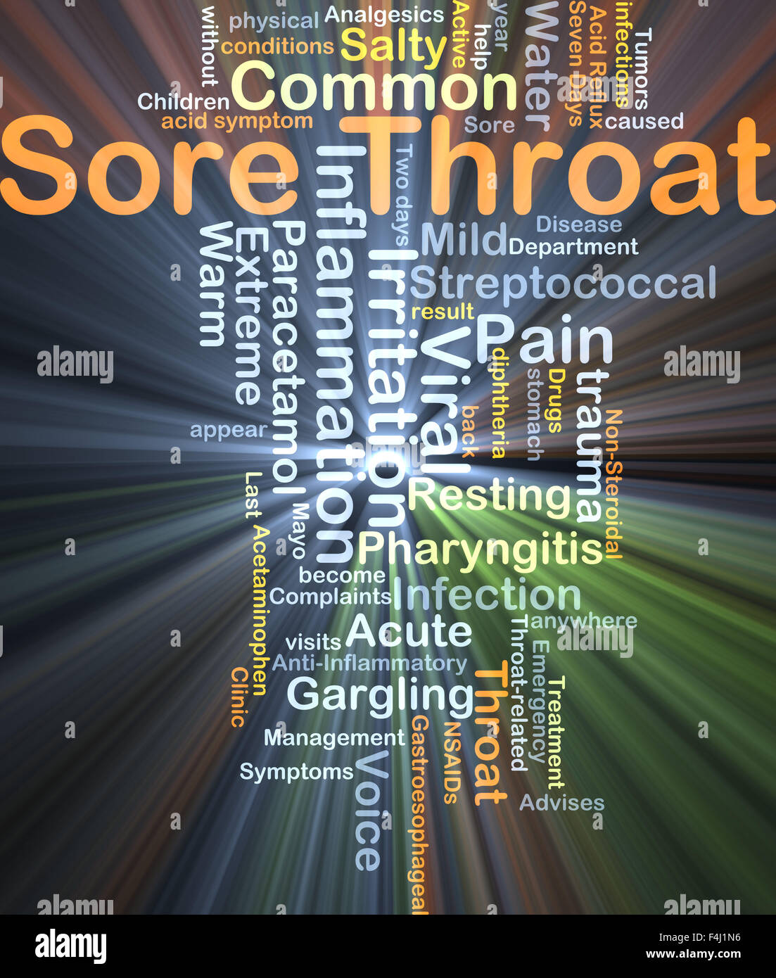 Concetto di sfondo wordcloud illustrazione del mal di gola luce incandescente Foto Stock