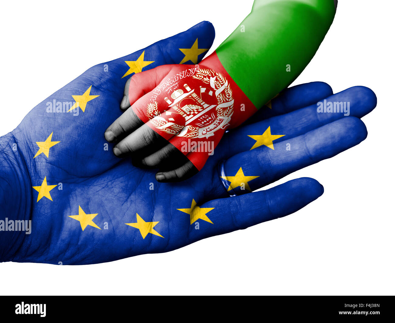 Bandiera dell'Unione europea sovrapposta la mano di un uomo adulto tenendo una mano del bambino con la bandiera dell'Afghanistan sovrastampata Foto Stock