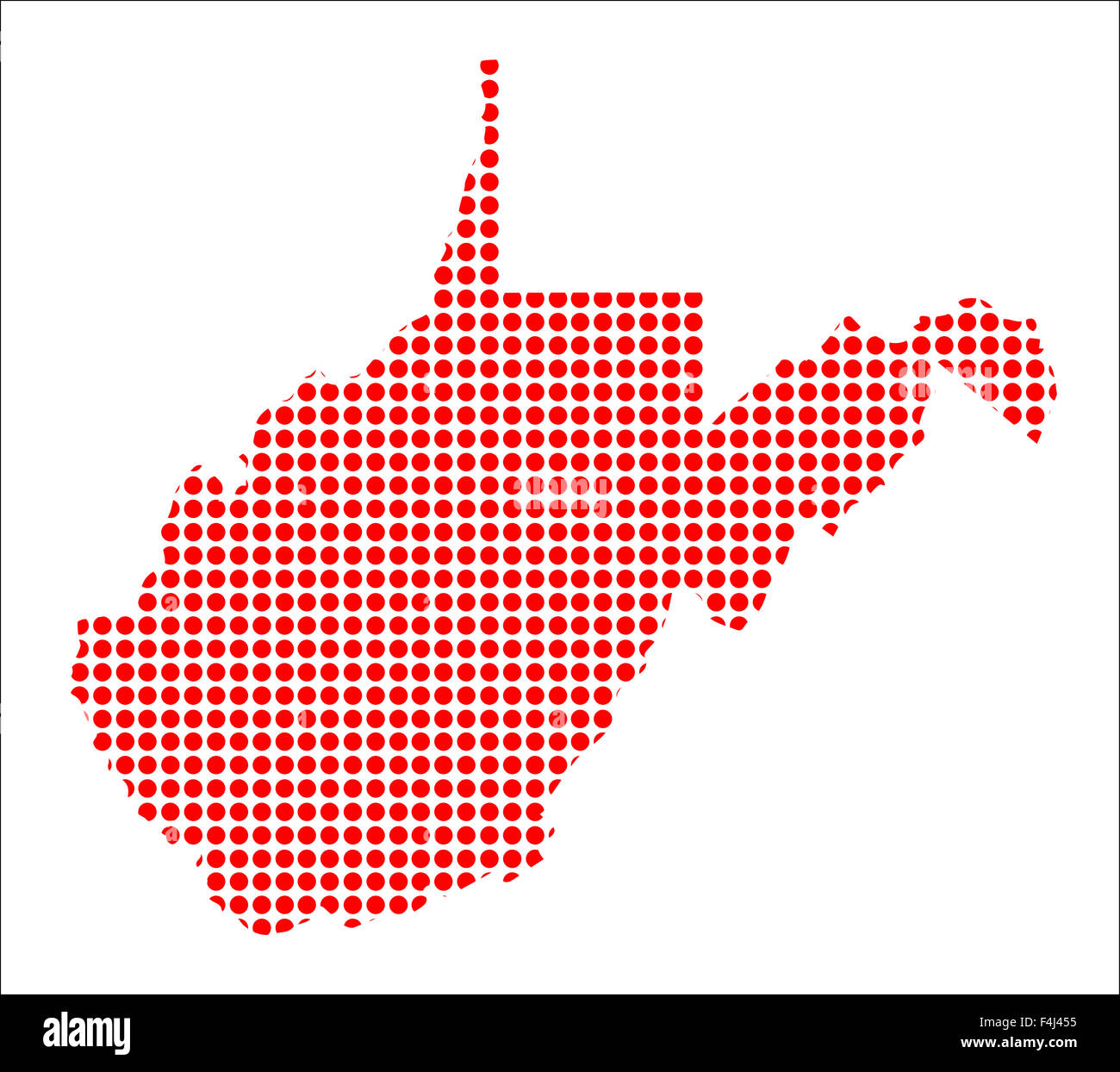Una mappa dello stato del West Virginia creato a partire da una serie di punti rossi su sfondo bianco Foto Stock